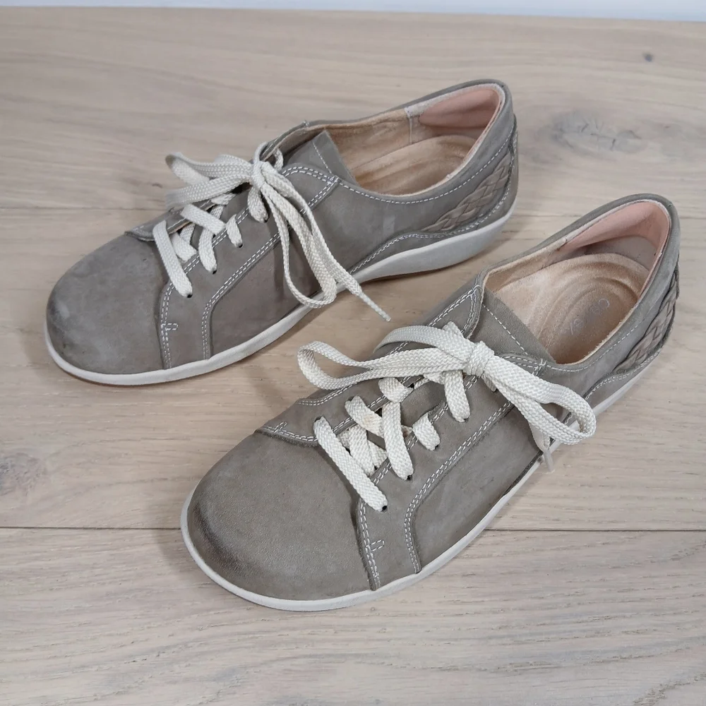 Aetrex Taupe Tan Leather Lace Up Comfort Walking Braided Detail Sneakers 1640